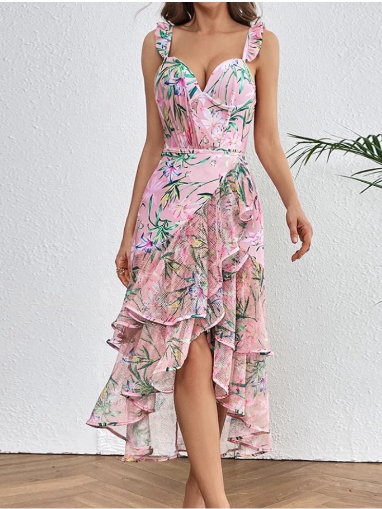 Ruffled Floral Pink One-Piece Corset Swimsuit With Separate Matching Skirt